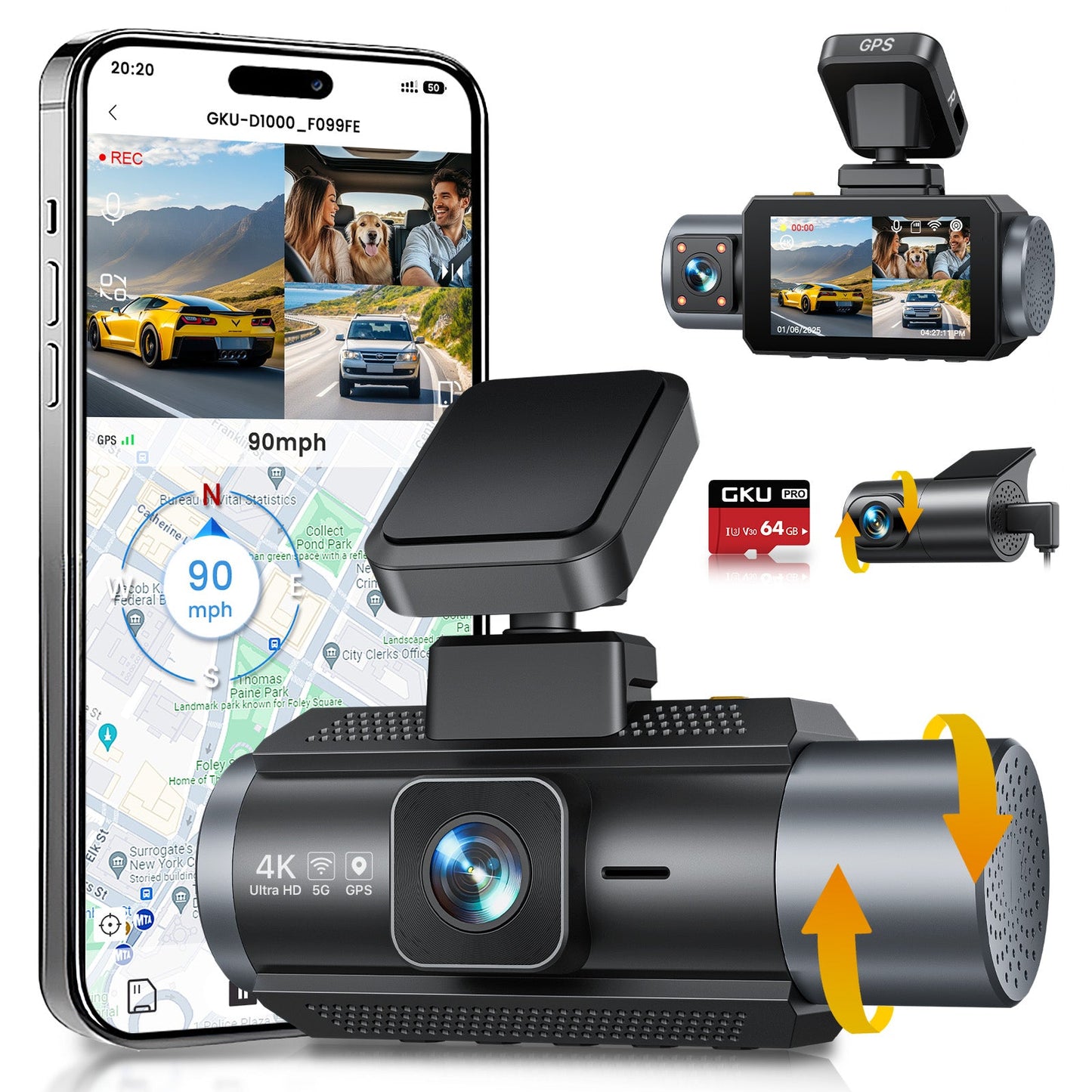 GKU D1000 3 Channel 5.8GHz WiFi Dash Cam - gkutech