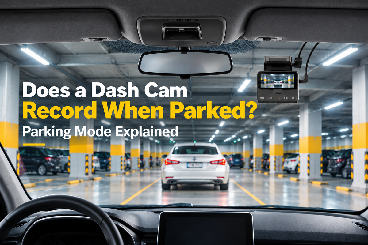 GKU dash cam mounted on a windshield recording a parked vehicle in an underground parking garage