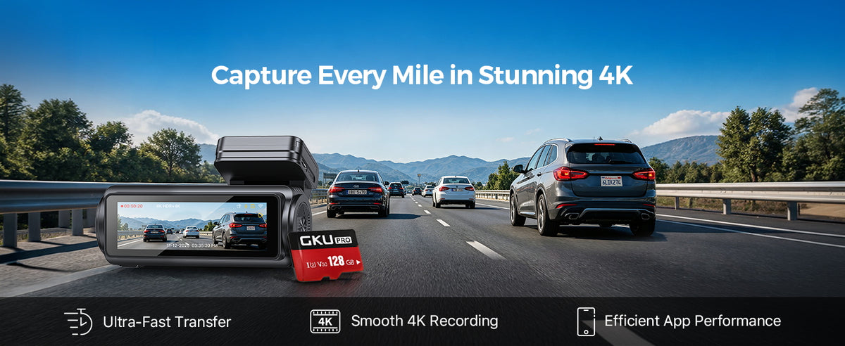 GKU 128GB U3 V30 microSD card with dash cam for smooth 4K recording and fast file transfer