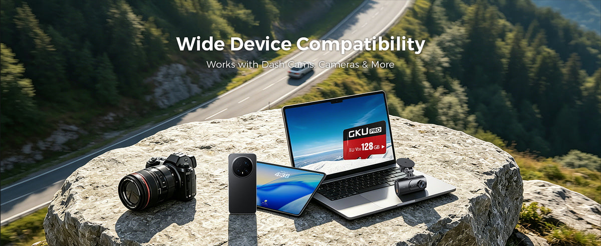 GKU 128GB microSD card compatible with dash cams, cameras, laptops and other supported devices