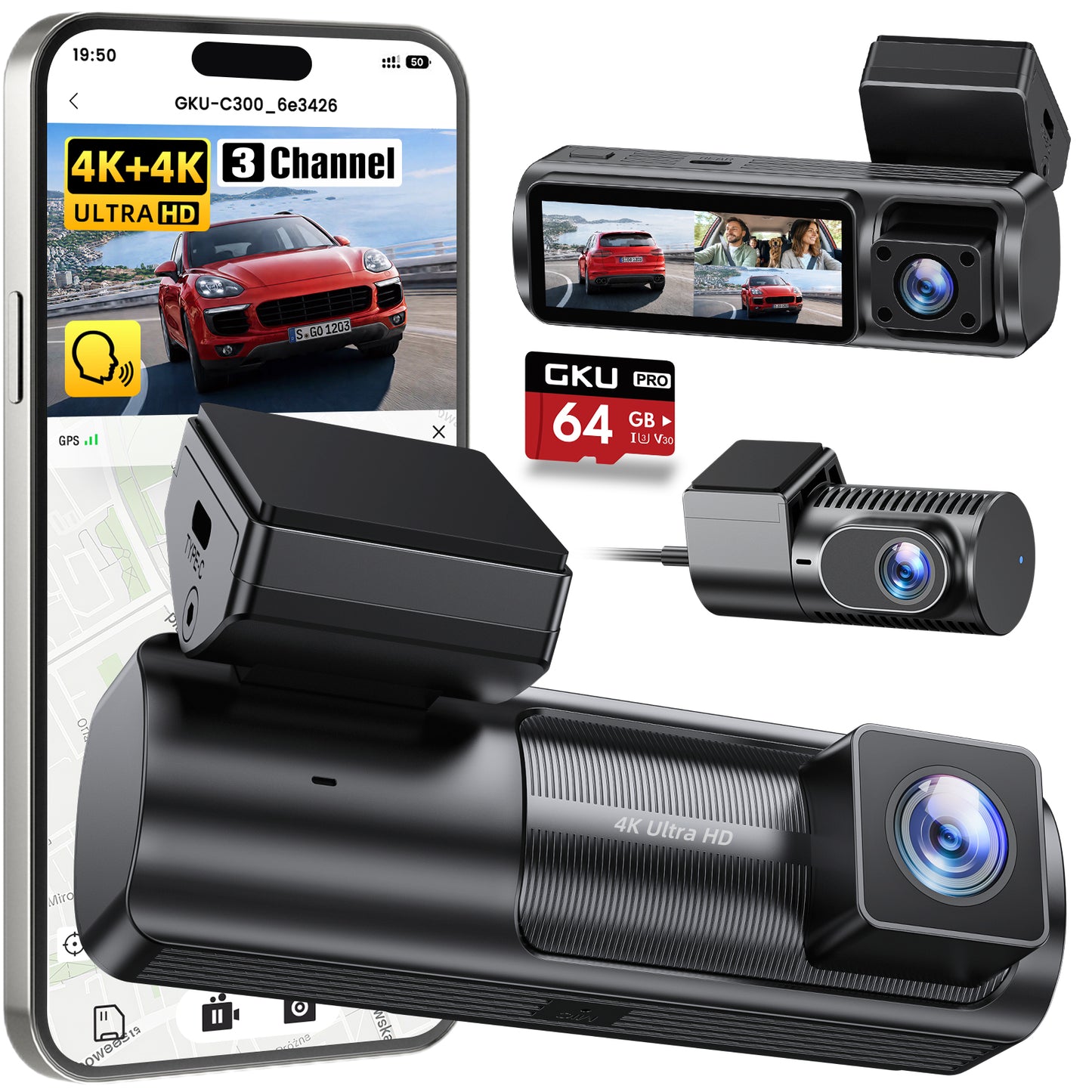 GKU C300 4K+1080P+4K Triple Dash Cam| Front, Cabin & Rear Camera for Rideshare Drivers with GPS & Voice Control, 64GB Card Pre-installed
