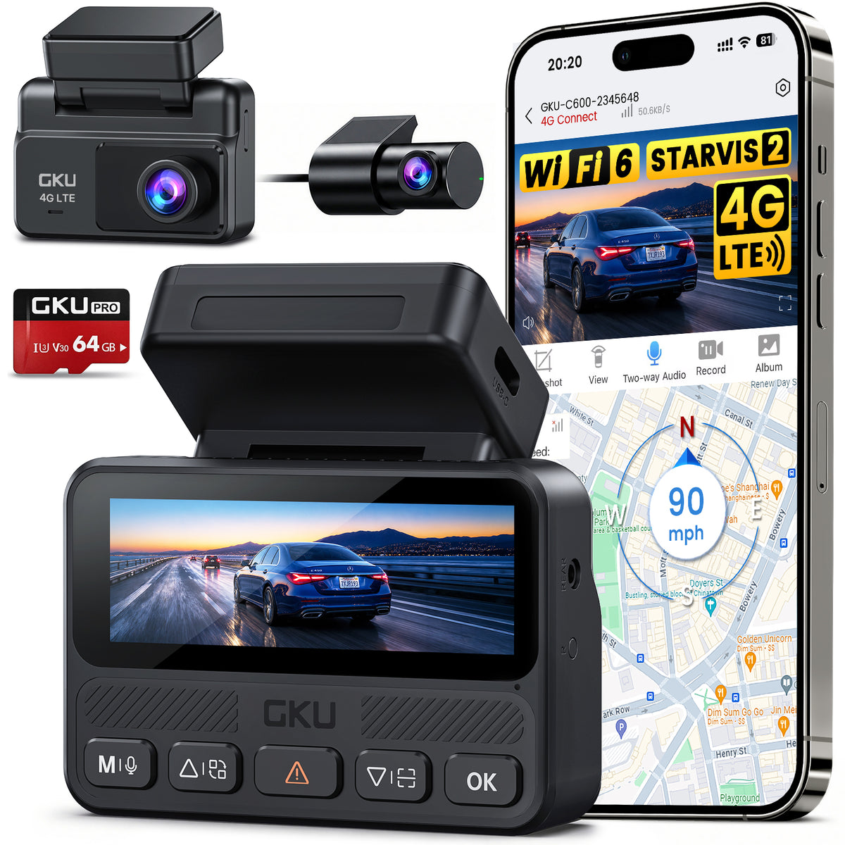 GKU C600 4G LTE&WiFi Front and Rear Dash Cams with Cloud Storage