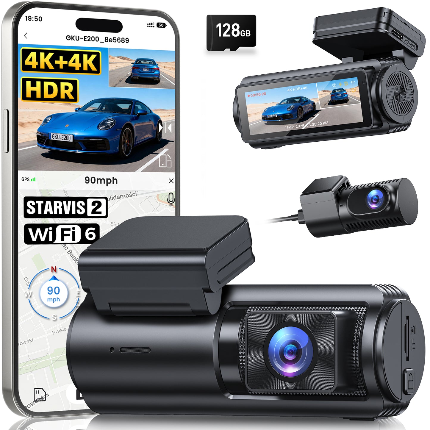 GKU E200 4K+4K Dash Cam Front and Rear, STARVIS 2 Sensor, HDR Night Vision, 128GB SD Card