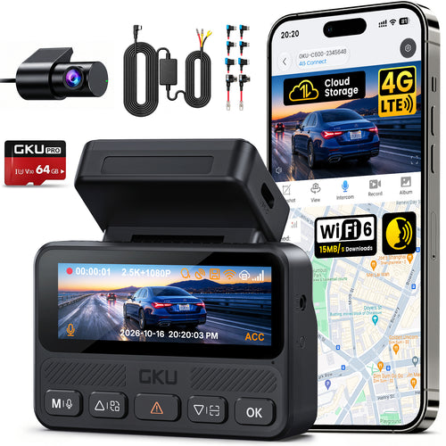 GKU C600 4G LTE Dash Cam with Cloud Storage, Wireless Dash Cam Front and Rear with WiFi 6