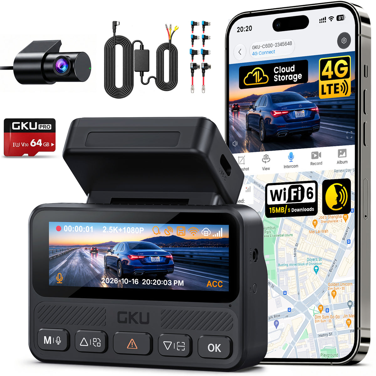 GKU C600 4G LTE Dash Cam with Cloud Storage, Wireless Dash Cam Front and Rear with WiFi 6