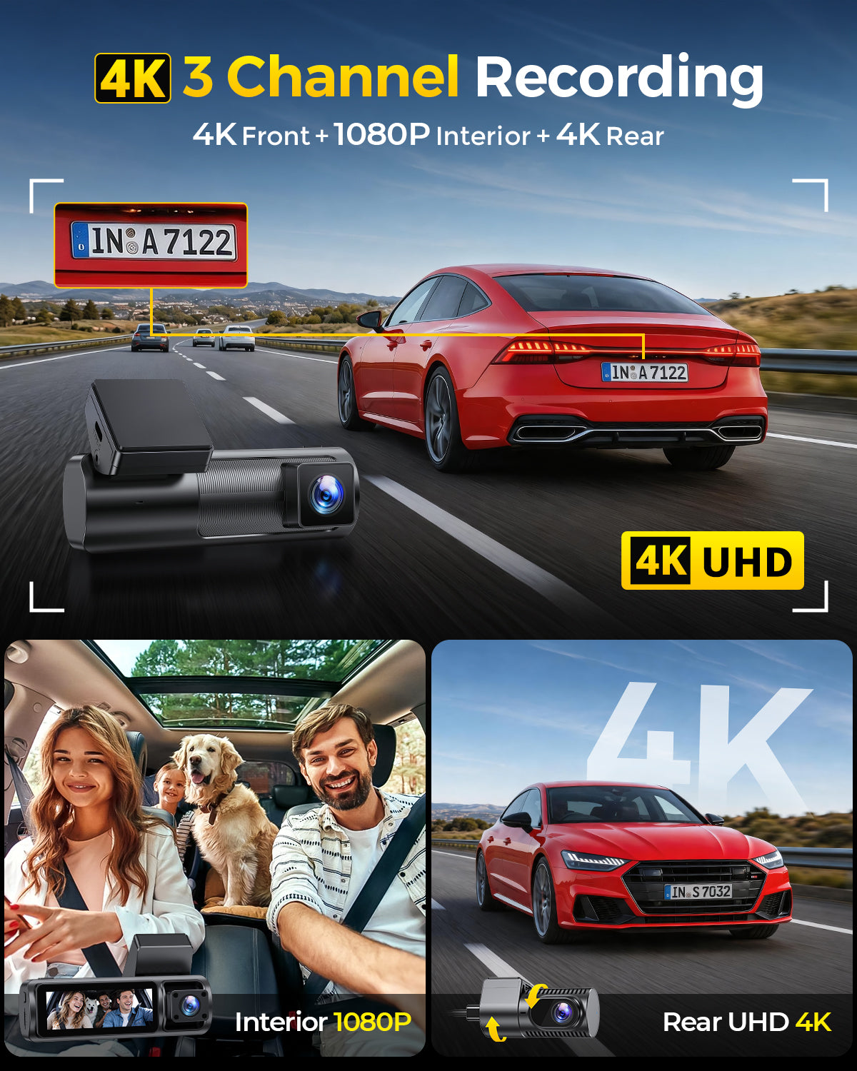 GKU C300 4K+1080P+4K Triple Dash Cam| Front, Cabin & Rear Camera for Rideshare Drivers with GPS & Voice Control, 64GB Card Pre-installed