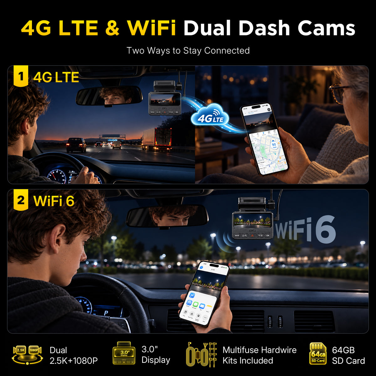 GKU C600 4G LTE Dash Cam with Cloud Storage, Wireless Dash Cam Front and Rear with WiFi 6