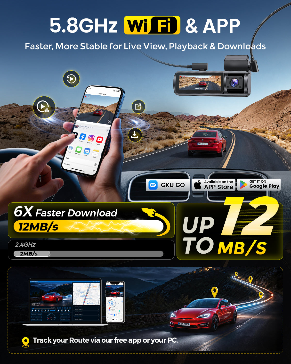 GKU C300 4K+1080P+4K Triple Dash Cam| Front, Cabin & Rear Camera for Rideshare Drivers with GPS & Voice Control, 64GB Card Pre-installed