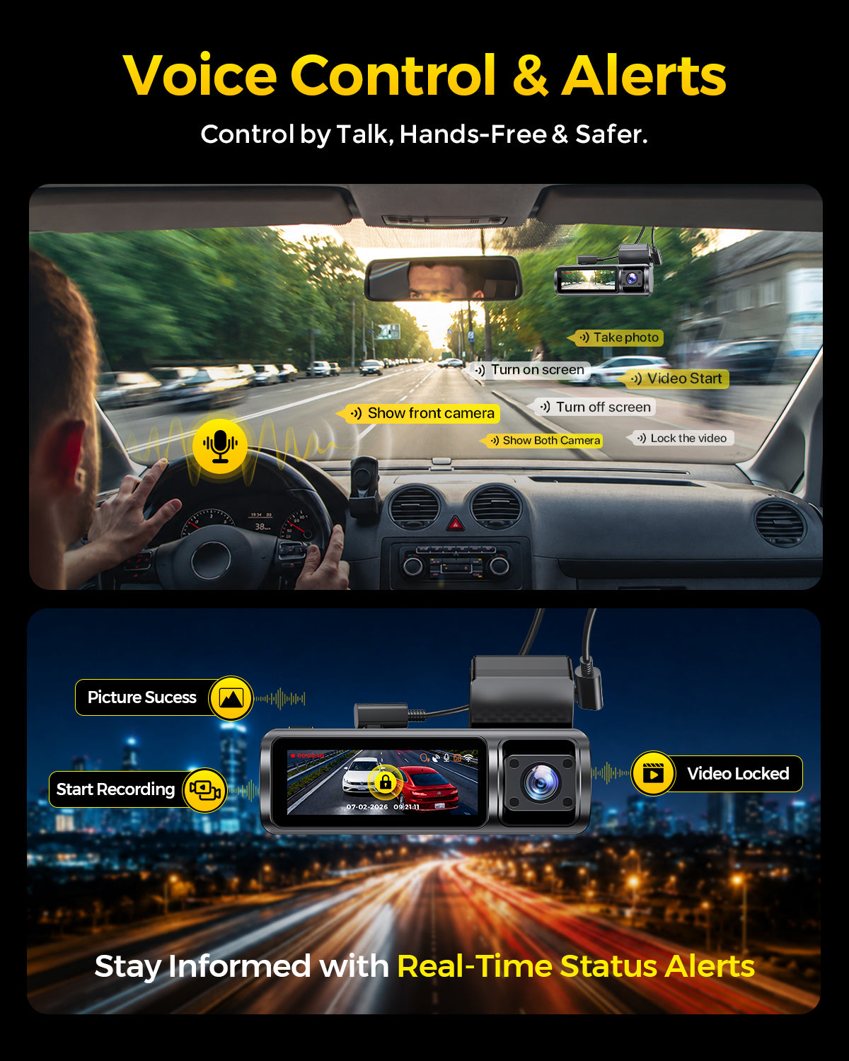 GKU C300 4K+1080P+4K Triple Dash Cam| Front, Cabin & Rear Camera for Rideshare Drivers with GPS & Voice Control, 64GB Card Pre-installed