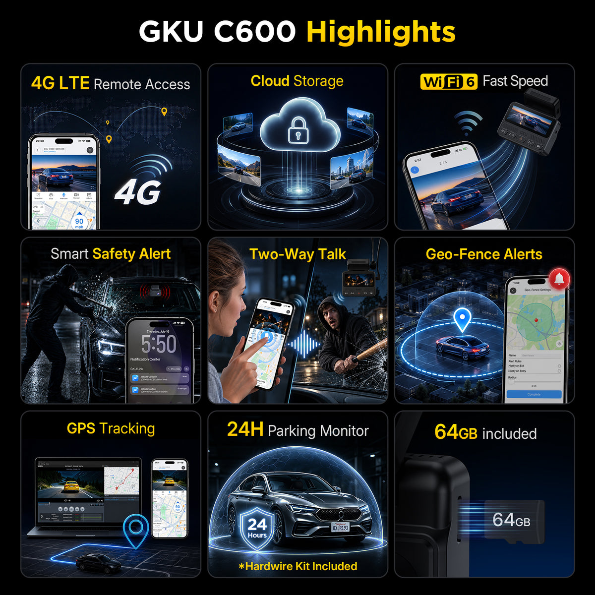 GKU C600 4G LTE Dash Cam with Cloud Storage, Wireless Dash Cam Front and Rear with WiFi 6