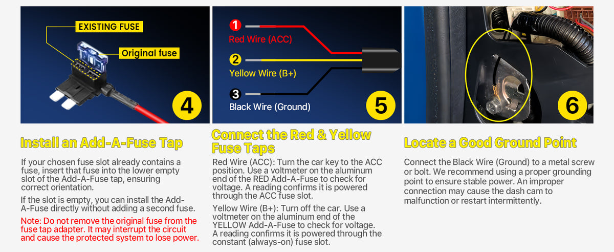 GKU ACC hardwire kit wiring steps for add-a-fuse tap, ACC and battery connections, and vehicle grounding