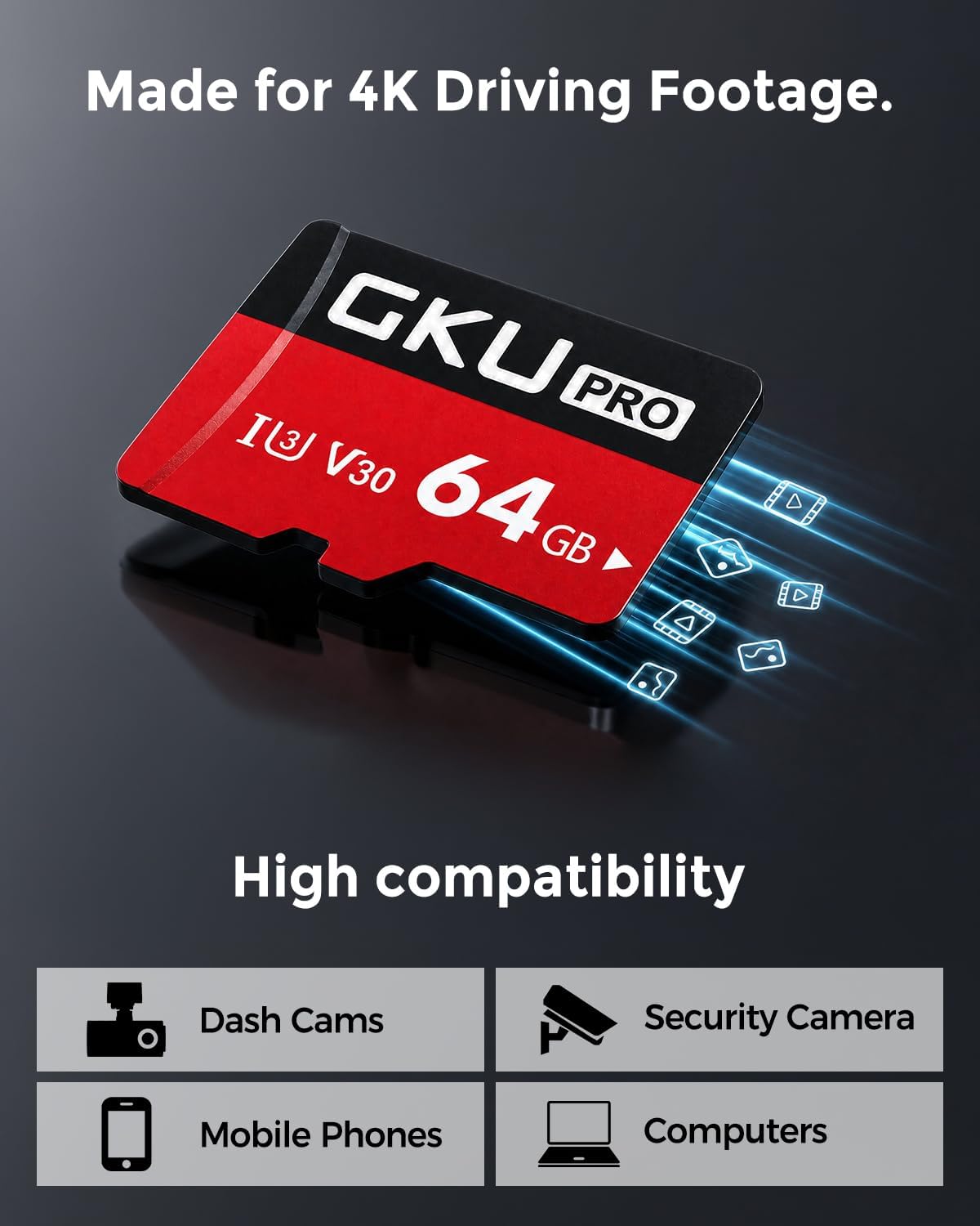 GKU 64GB High Endurance MicroSD Card for 4K Dash Cam | U3 V30 Memory Card