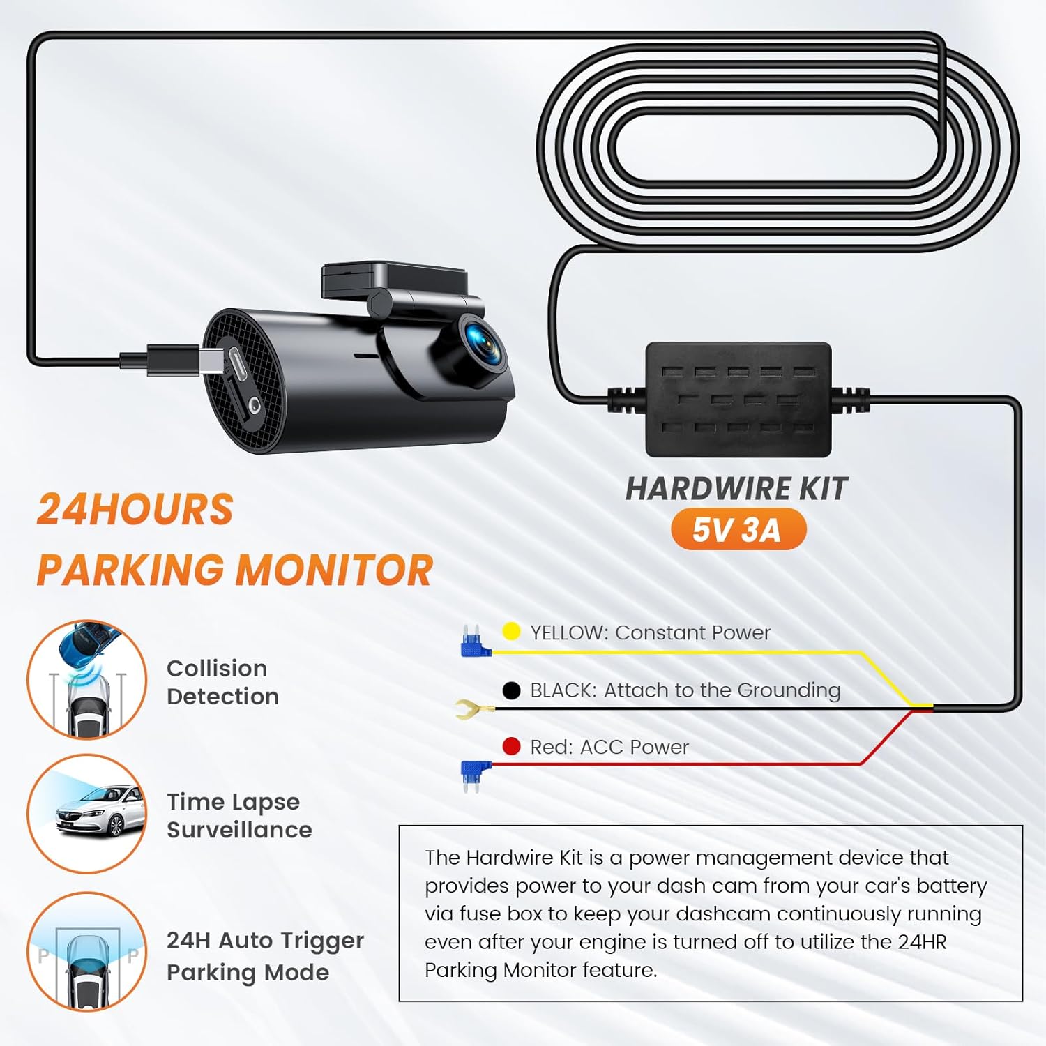 GKU Dash Cam Hardwire Kit, Type-C ACC with Fuse Tap, 3M Cable, Low Voltage Protection for 24H Parking Mode