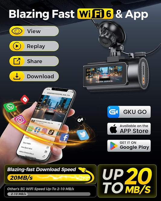 GKU D600 Pro Max Dash Cam Front and Rear, STARVIS 2 Sensor, Fastest 5.8GHz WiFi 6.0, Voice Control, 3 "IPS Car Camera with GPS (No SD Card)