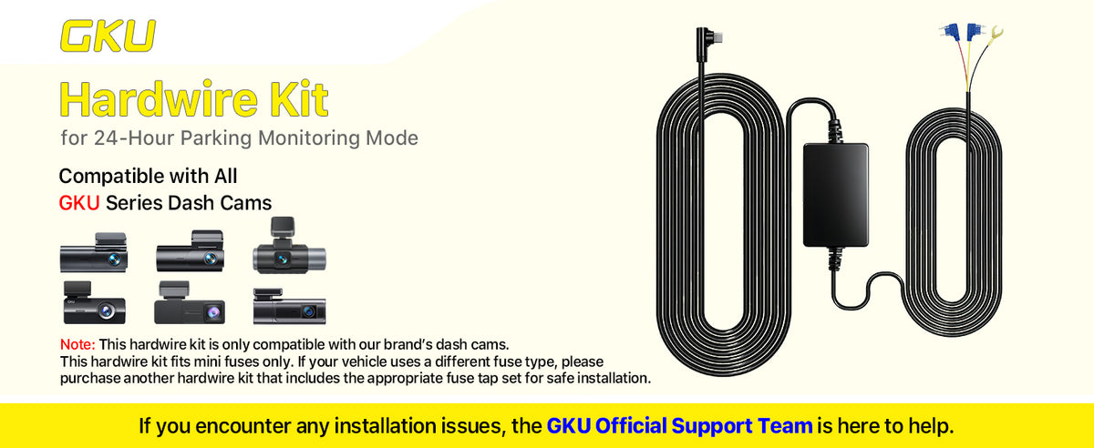 GKU hardwire kit for 24-hour parking monitoring, compatible with GKU dash cams