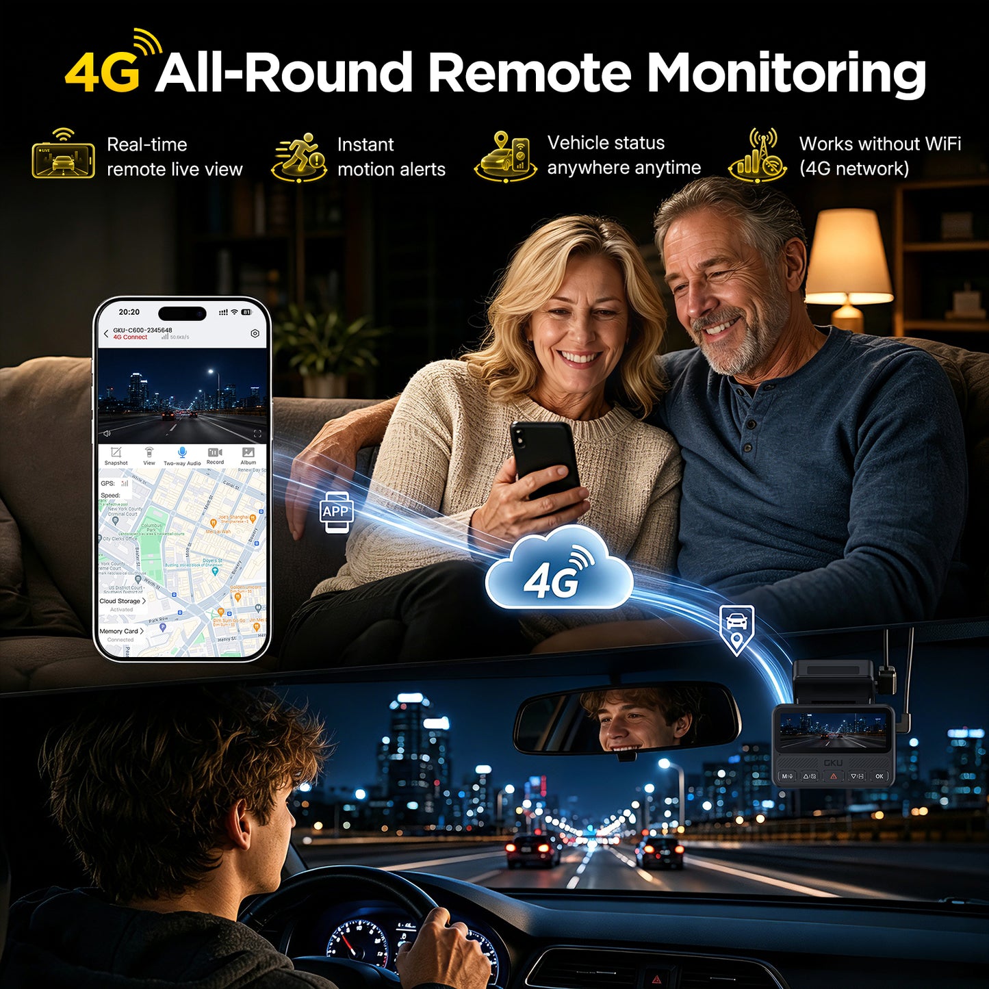 GKU C600 4G LTE Dual Dash Cam with Remote Monitoring & GPS