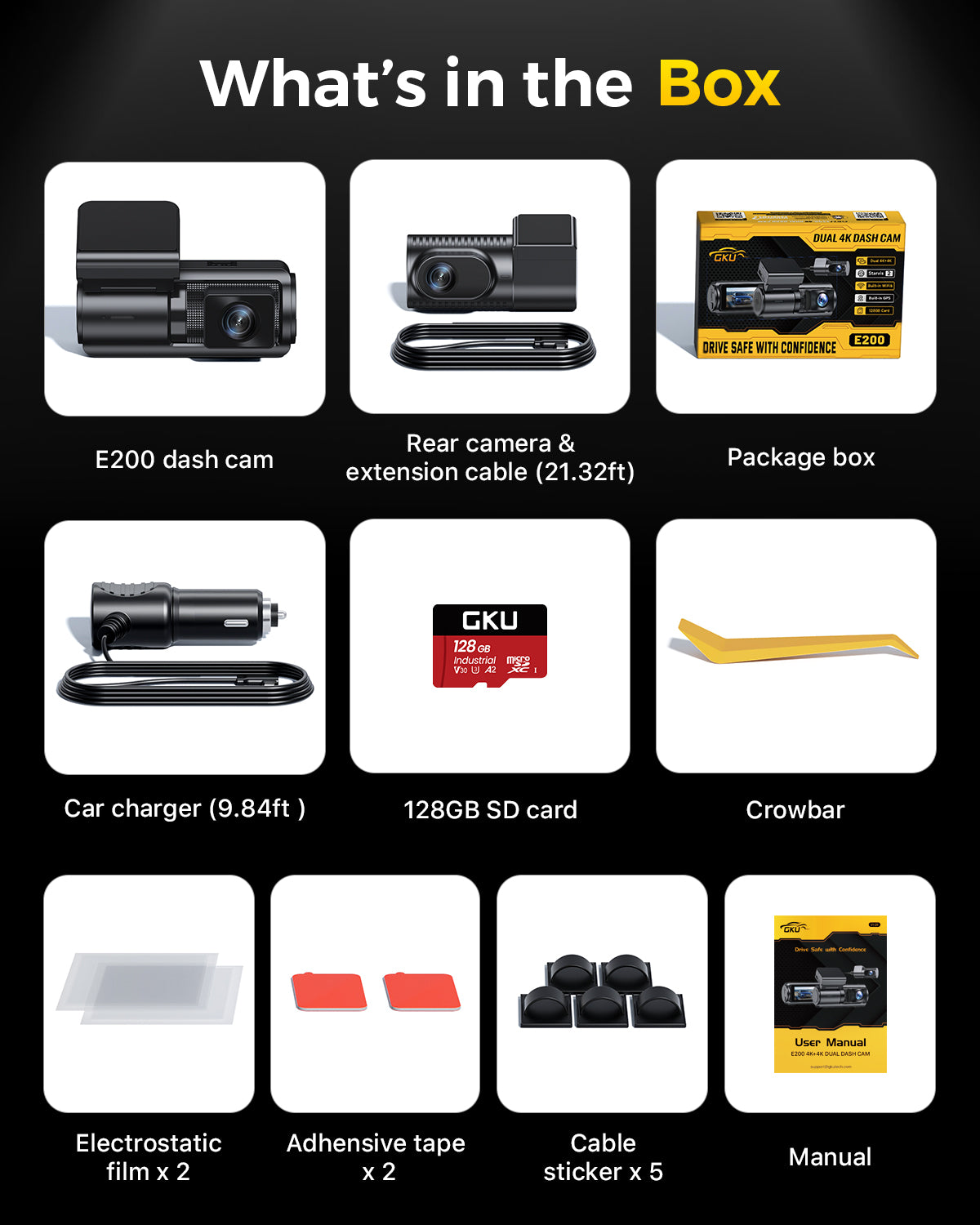 GKU E200 4K+4K Dash Cam Front and Rear, STARVIS 2 Sensor, HDR Night Vision, 128GB SD Card