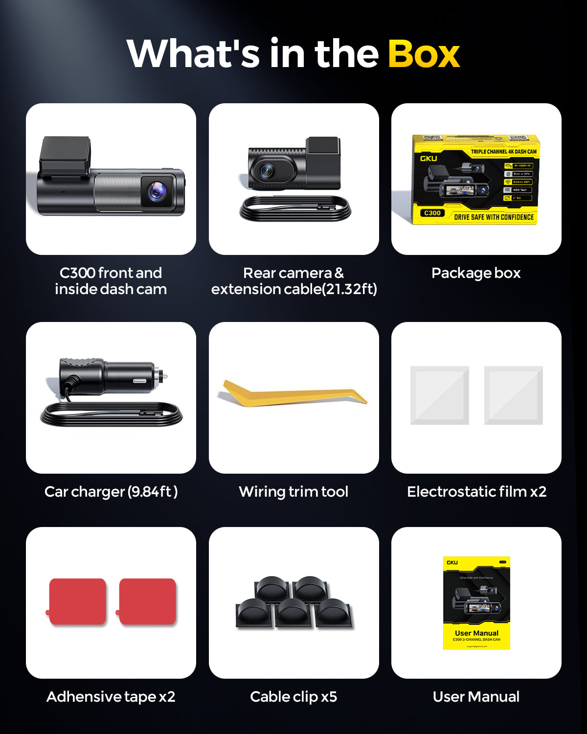 GKU C300 4K+1080P+4K Triple Dash Cam| Front, Cabin & Rear Camera for Rideshare Drivers with GPS & Voice Control, 64GB Card Pre-installed