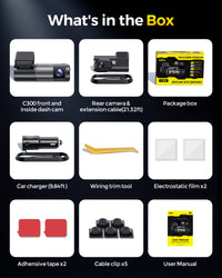 GKU C300 3-Channel Dash Cam |Front, Cabin, Rear