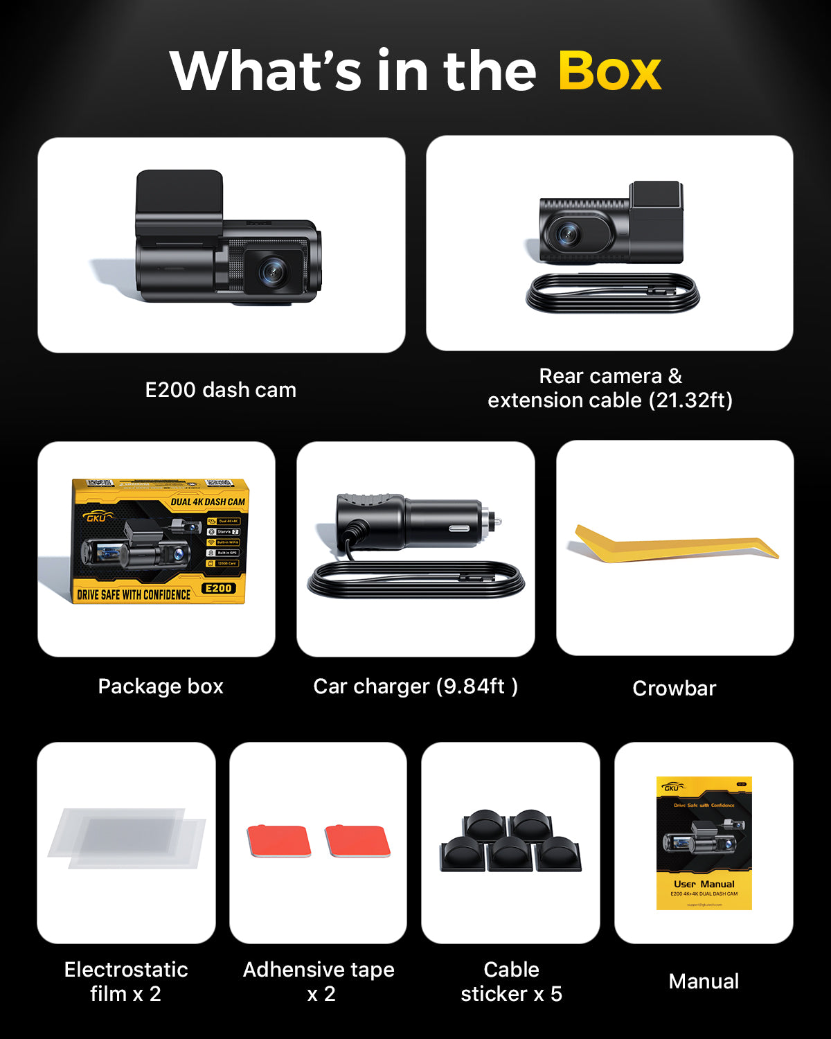 GKU E200 Dual 4K Dash Cam | Sony STARVIS 2 HDR Front & Rear Camera with Voice Control