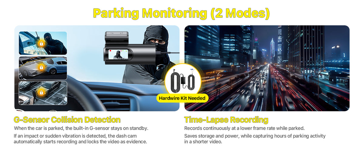 GKU dash cam parking monitoring with G-sensor collision detection and time-lapse recording, hardwire kit required