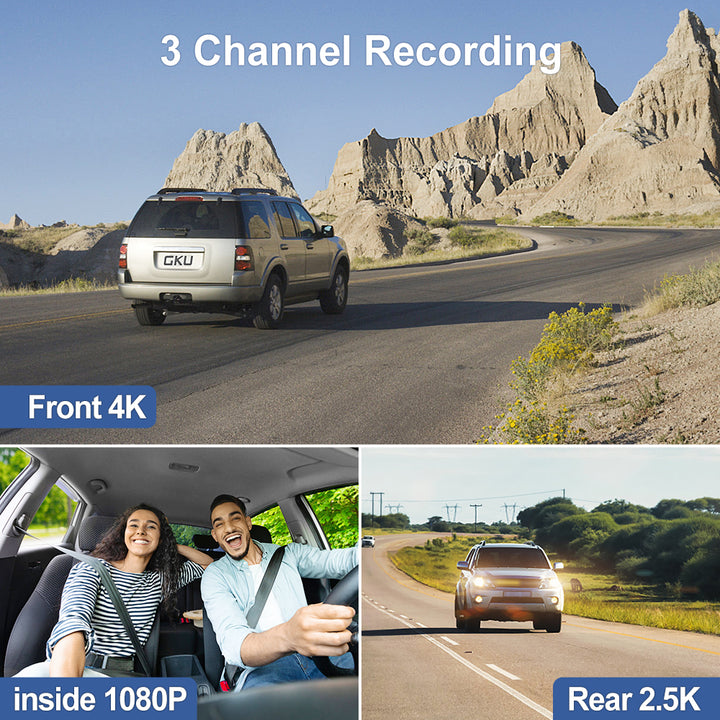 GKU 3 Lens Dash Cam 5GHz WiFi GPS, 4K+1080P Dashcam Auto Vorne  Hinten/Innen, 1440P+1080P+1080P, IR Nachtsicht, 24Std Parküberwachung,  3.16 IPS, 170° Weitwinkel, G-Sensor, Loop-Aufnahme, Max 512GB : :  Electronics