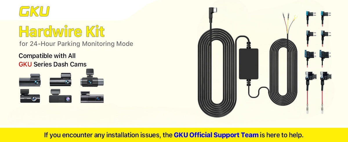 GKU hardwire kit for 24-hour parking monitoring, compatible with GKU dash cams