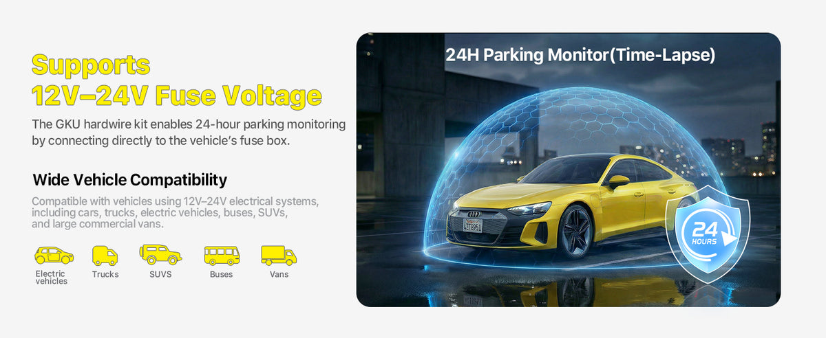 GKU hardwire kit for 12V–24V cars, trucks, SUVs, buses and vans with 24-hour parking monitoring