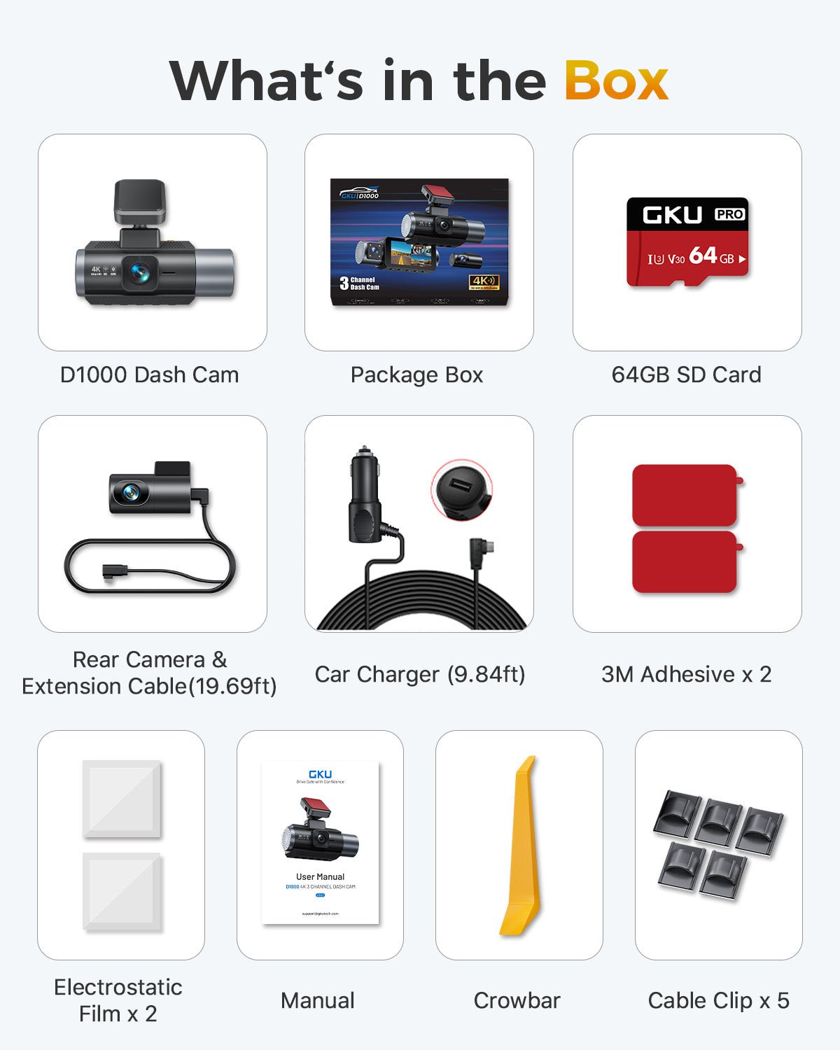 GKU D1000 4K+1080P+1080P Dash Cam Front and Rear and Inside, 5.8