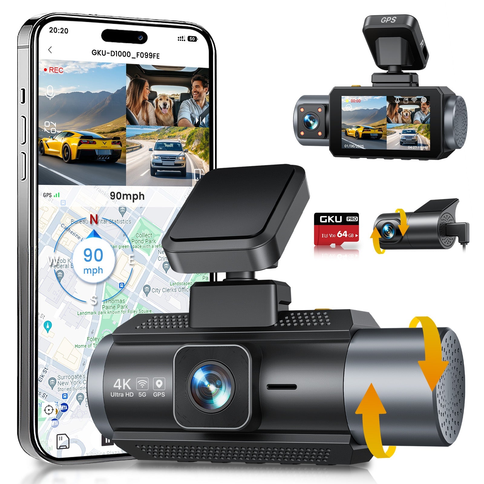 GKU D1000 3 Channel 5.8GHz WiFi Dash Cam - gkutech