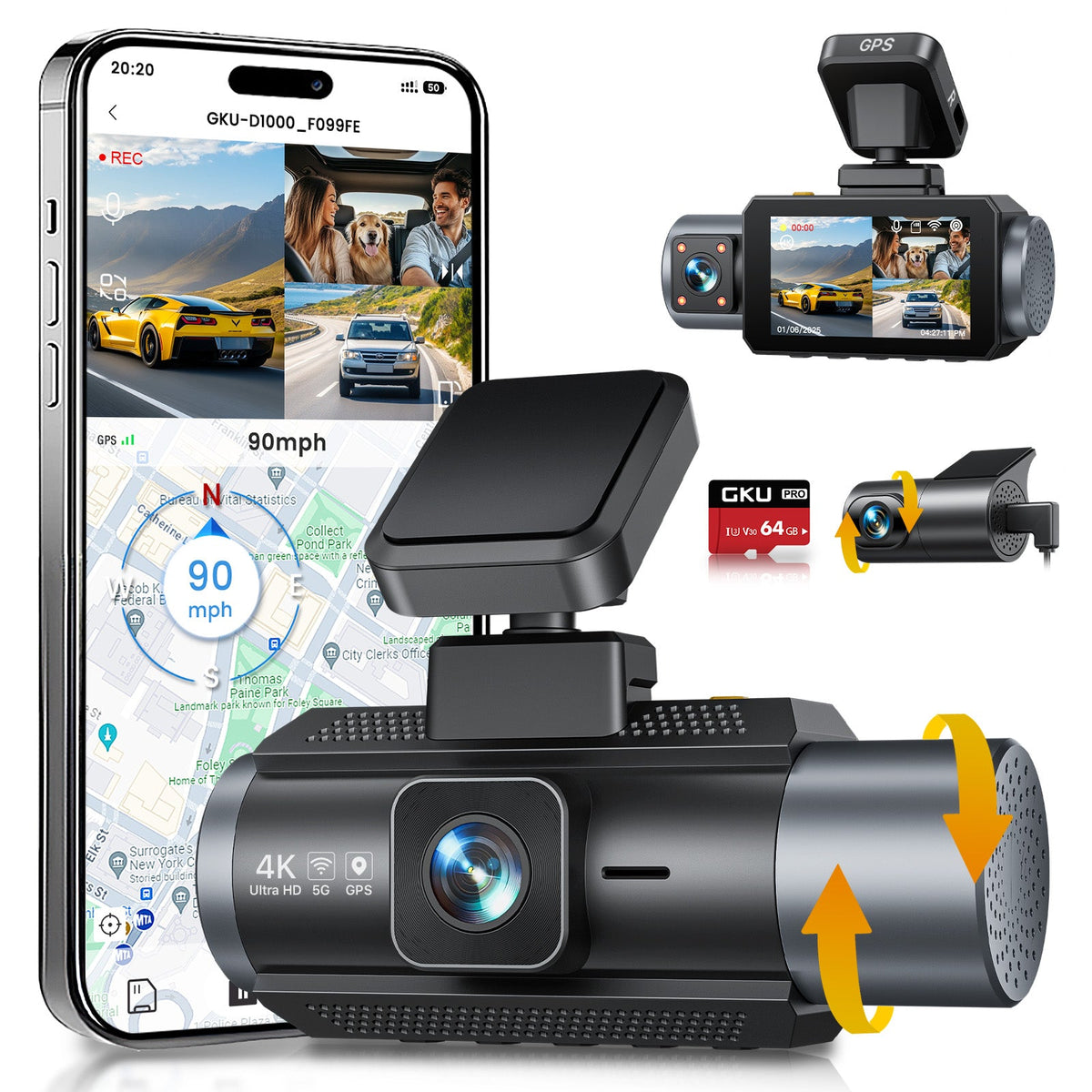 GKU D1000 3 Channel 5.8GHz WiFi Dash Cam - gkutech