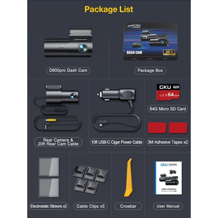 GKU D600Pro 4K WiFi GPS With 1.47 Inch IPS Screen Dash Cam - gkutech